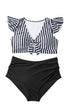 Striped Knot Cutout Ruffle Sleeve High Waisted Swimsuit