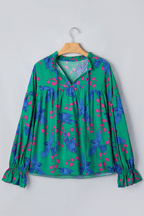 Abstract Print V Neck Flounced Puff Sleeve Blouse
