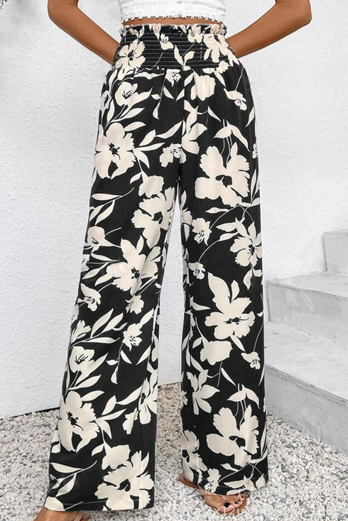 Bohemian Floral Print Smocked High Waist Wide Leg Pants