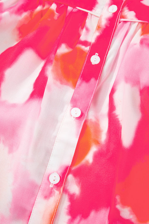Abstract Burst Print Puff Sleeve Button Front Shirt