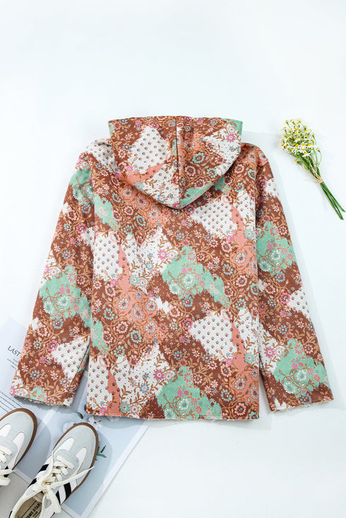 Bohemian Floral Print Sherpa Lined Fleece Hooded Jacket