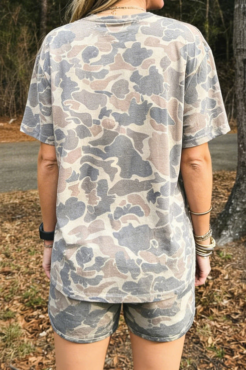 Camouflage Howdy Letter Print Relaxed Tee Drawstring Shorts Set