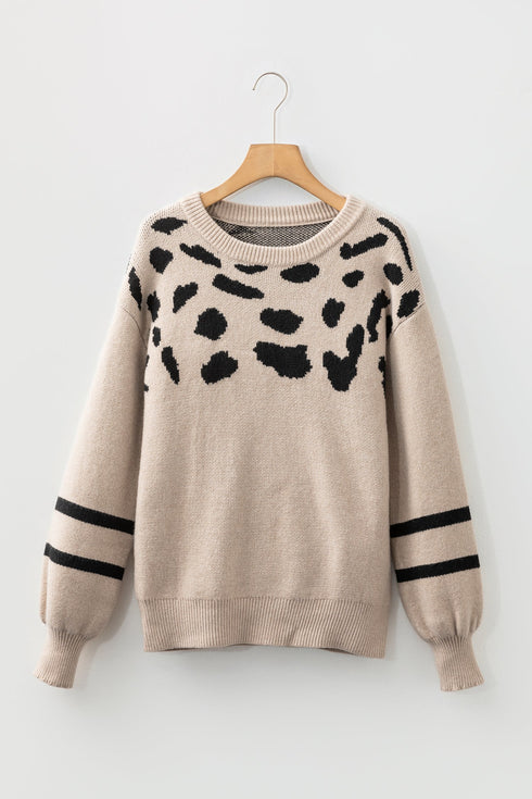 Abstract Animal Print Striped Sleeve Crew Neck Sweater