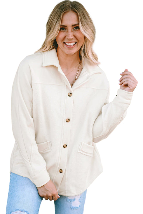 Casual Fleece Button Up Stitching Pocket Raw Hem Jacket
