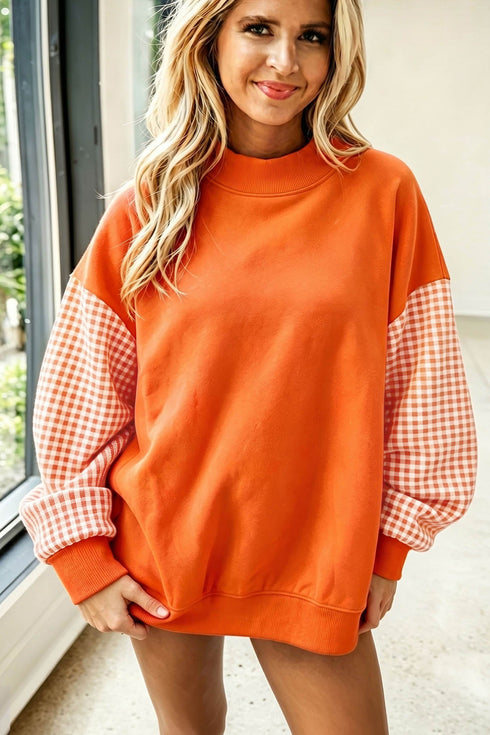 Plaid Sleeve Paneled Mock Neck Loose Tunic Sweatshirt
