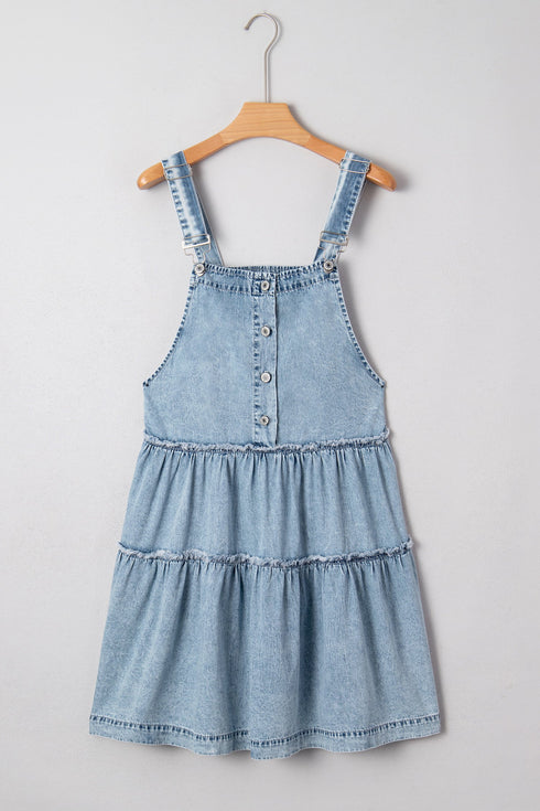 Washed Denim Tiered Flowy Western Overall Mini Dress