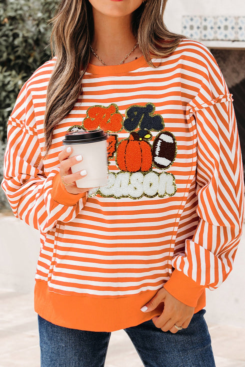 Striped Pumpkin Vibe Graphic Print Long Sleeve Tee
