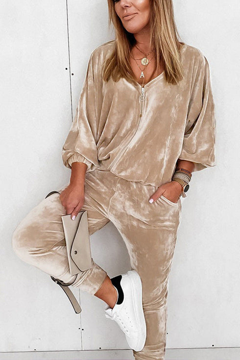 Plush Velvet Zipped Top And Jogger Pant Set