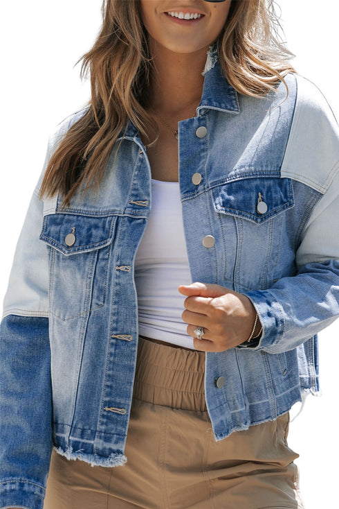 Casual Patchwork Distressed Frayed Hem Denim Jacket