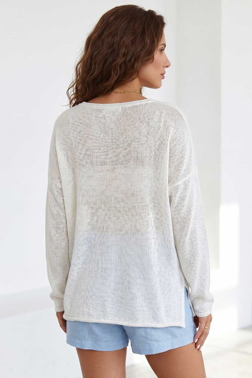 V Neck Lightweight Knit Side Shift Tunic Sweater
