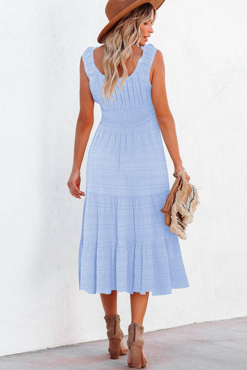 Elegant Shirred Pleated Square Neck Sleeveless Midi Dress