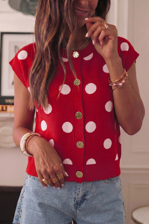 Relaxed Polka Dot Print Decorated Button Sweater Vest