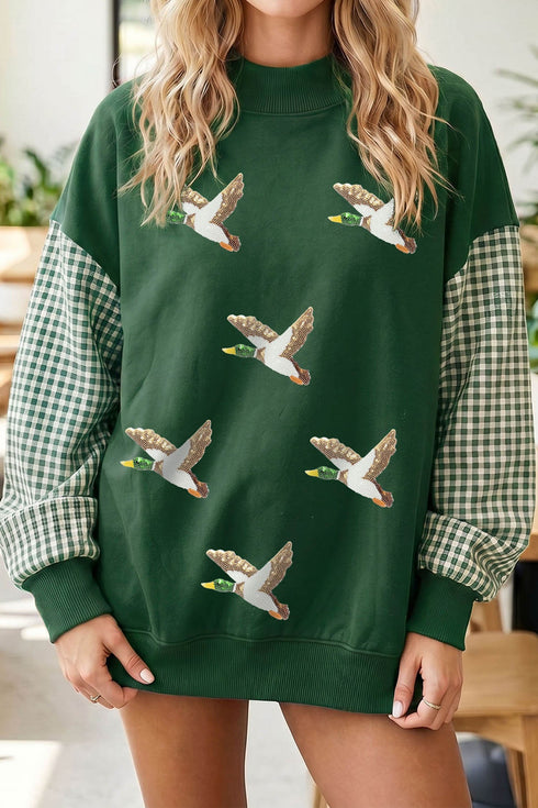 Sequin Mallard Graphic Plaid Sleeve Pullover Sweatshirt