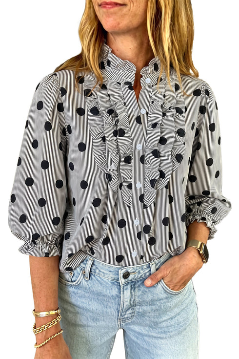 Polka Dot Striped Print Ruffle Stand Neck Three Quarter Sleeve Shift Blouse
