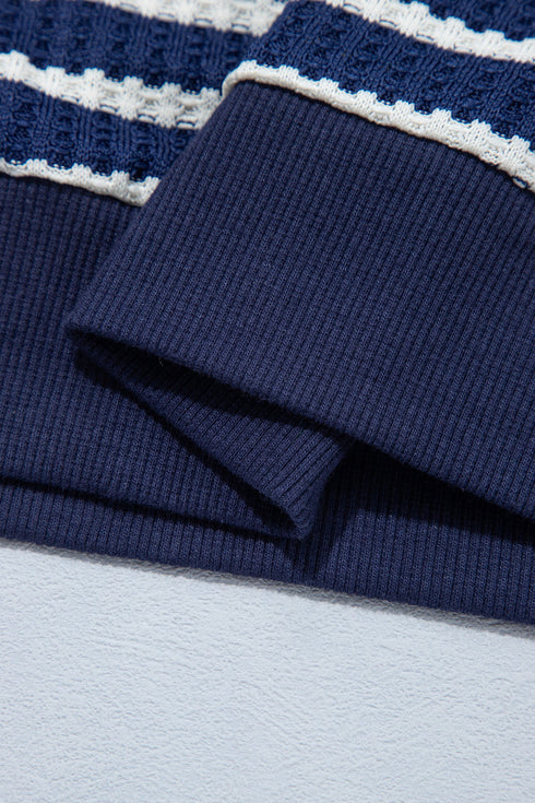 Striped Textured Knit Half Zip Collared Long Sleeve Top