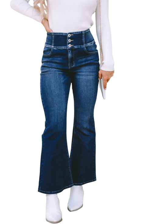 Button Detail Elastic Wide Waistband Flare Denim Jeans