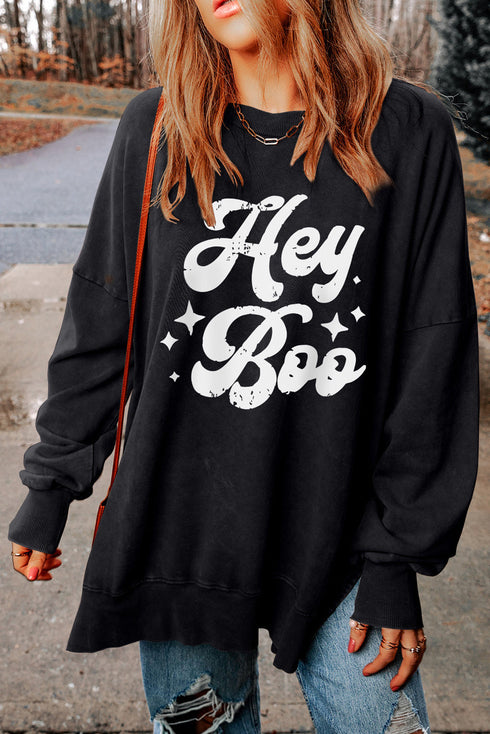 Hey Boo Graphic Oversized Crew Neck Pullover Sweatshirt