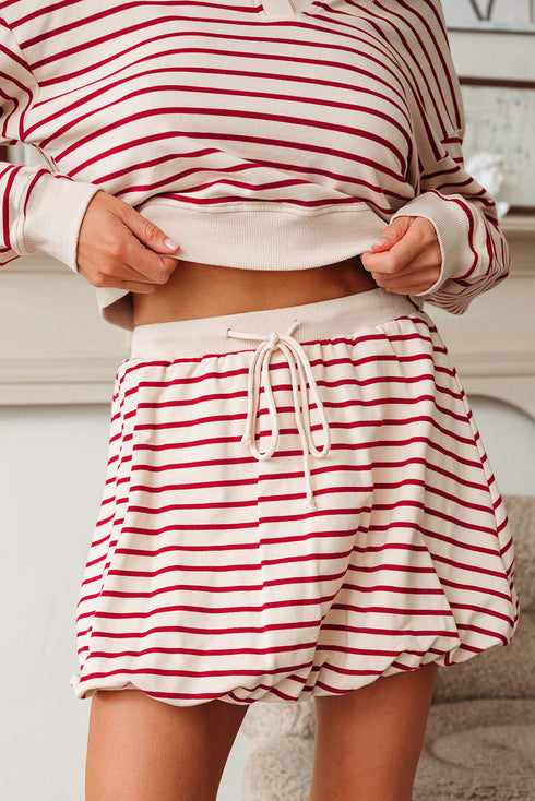 Stripe Cropped Collared Pullover Bubble Skirt Two Piece Dress