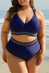 Embroidered Trim Wrap Tie High Waisted Plus Size Swimwear