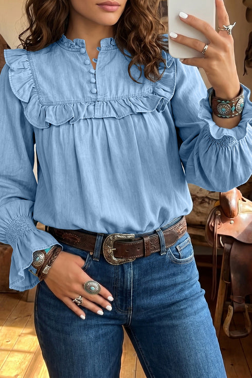 Western Ruffle V Neck Long Sleeve Chambray Blouse