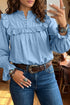 Western Ruffle V Neck Long Sleeve Chambray Blouse