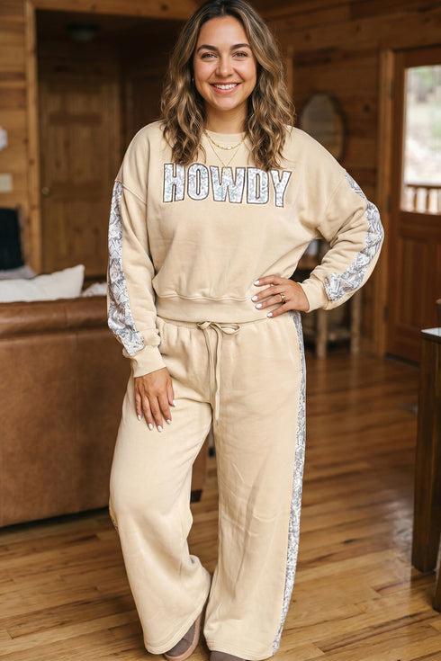 Howdy Letter Print Side Stripe Long Sleeve Lounge Set