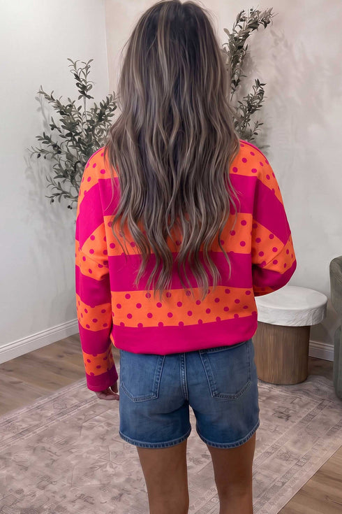 Stripe Patchwork Polka Dot Quarter Zip Long Sleeve Top