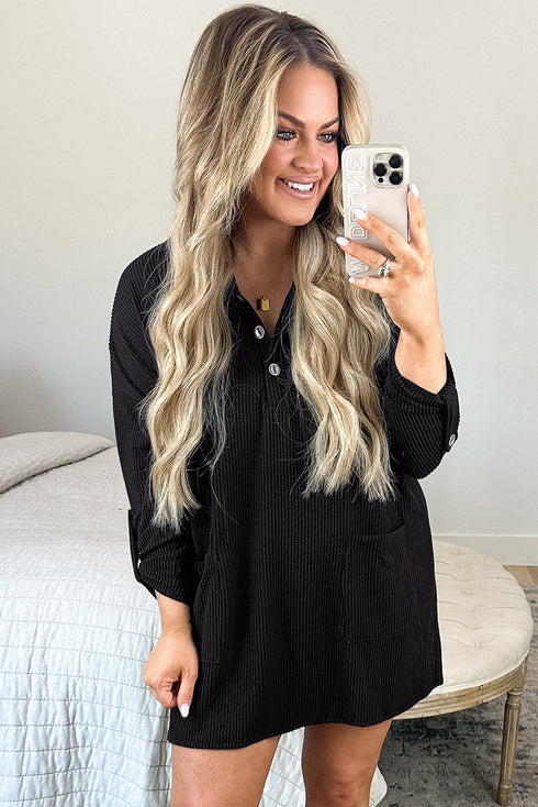 Solid Corded Knit Collared Roll Tab Sleeve Dress