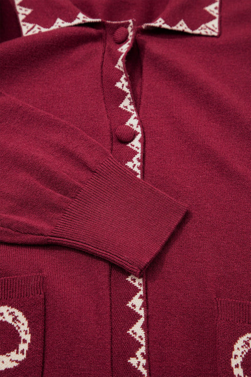 Bow Pocket Collared Long Sleeve Knit Cardigan