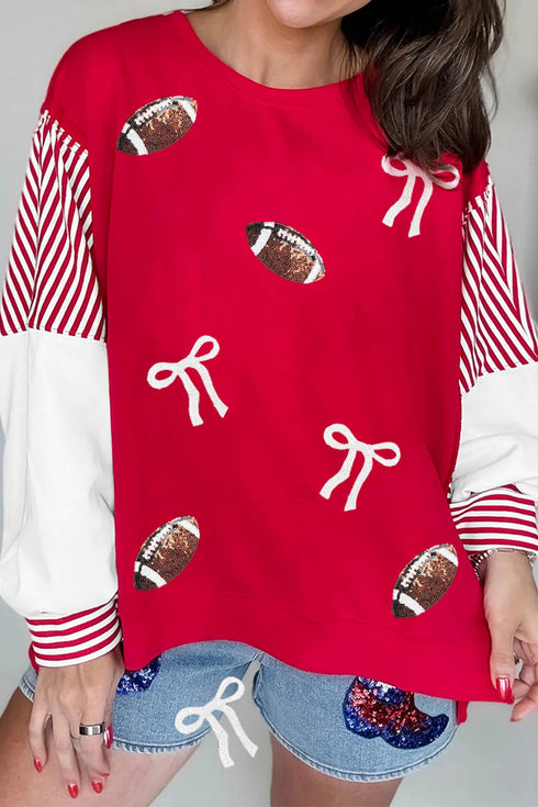 Sequin Rugby Bow Striped Sleeve Patchwork Graphic Sweatshirt