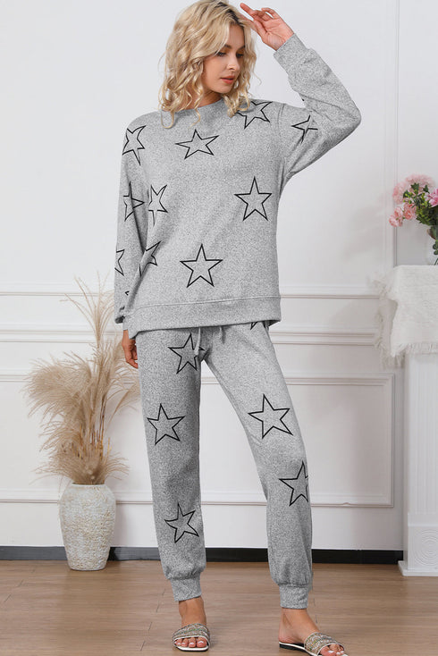 Star Print Long Sleeve Drawstring High Waist Pant Set