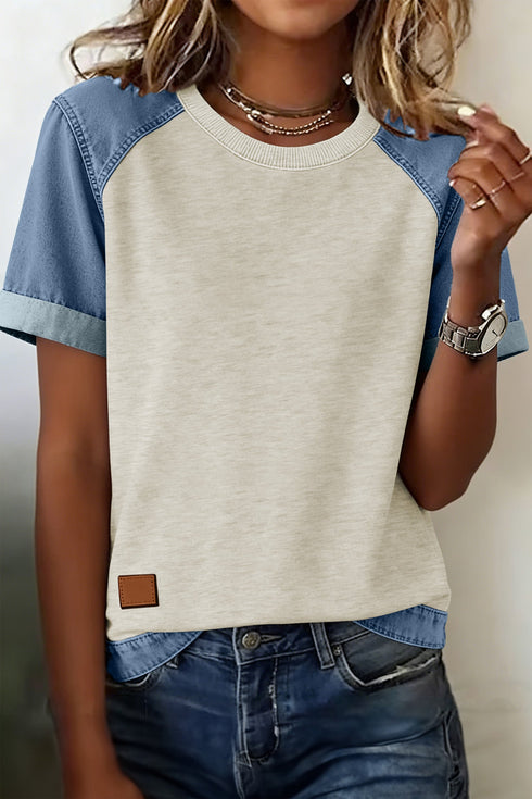 Denim Style Panel Block Patchwork Round Neck Tee