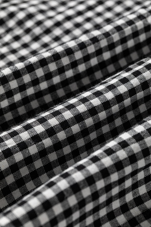 Plaid Shirred Cuff Round Neck Cotton Long Sleeve Blouse