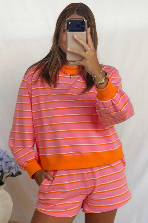 Striped Panel Trim Long Sleeve Pullover Pocketed Short Set