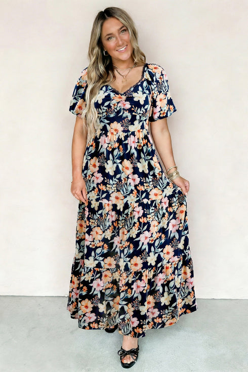 Bohemian Smocked Short Sleeve High Waist Maxi Floral Dress