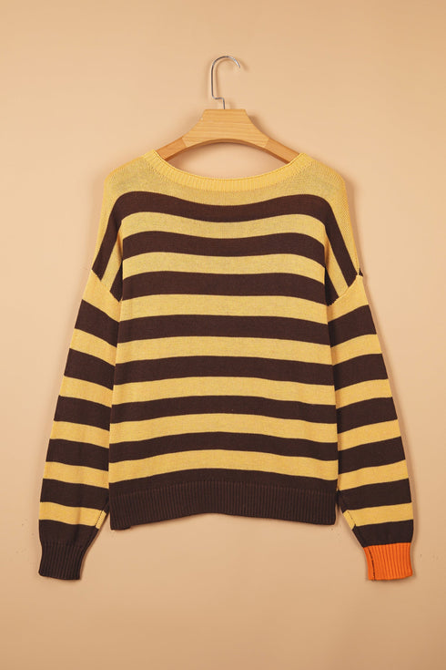 Acrylic Striped Pattern Drop Shoulder Pullover Sweater