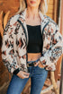 Geometric Print Long Sleeve Shirt Collar Zip Up Placket Binding Tape Jacket