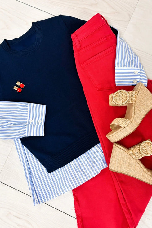 Drop Shoulder Long Sleeve Striped Pullover Sweater