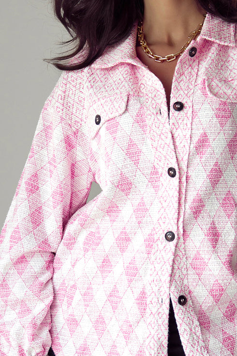 Geometric Checkered Print Textured Flap Pocket Jacket