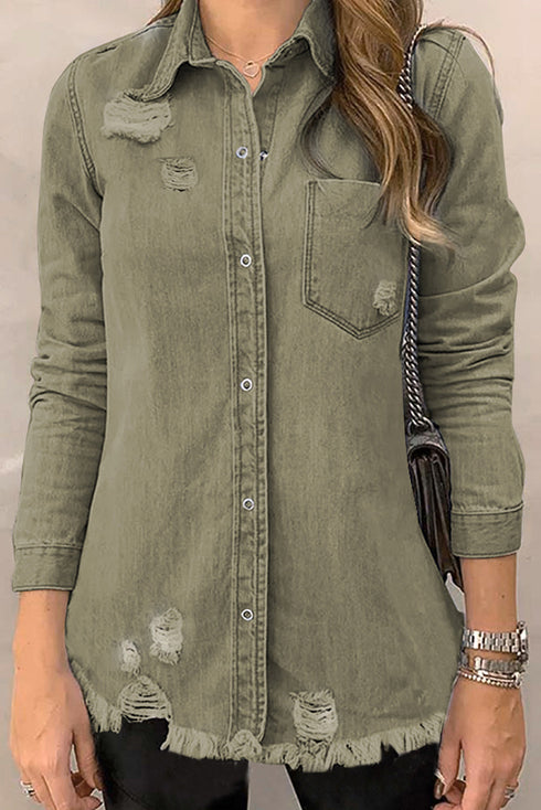 Cotton Raw Hem Distressed Denim Shirt Jacket
