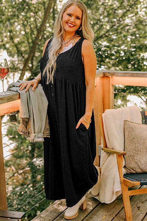 Solid Sleeveless Button Front Loose H Line Jumpsuit