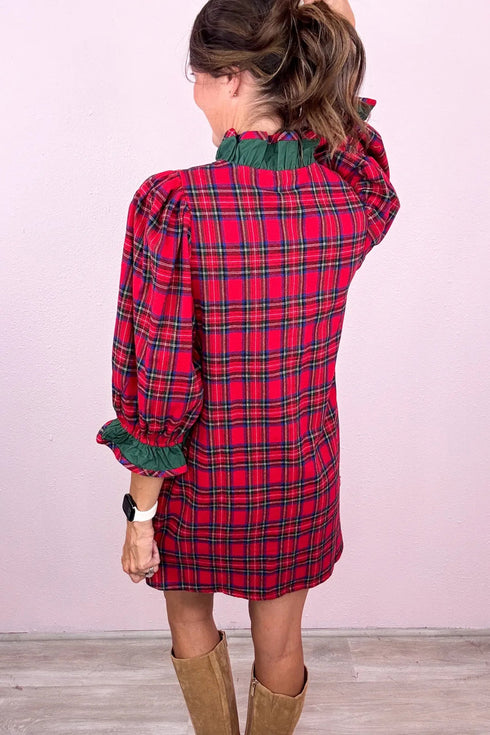 Plaid Ruffle Cuff Button Front Pocket Mini Dress