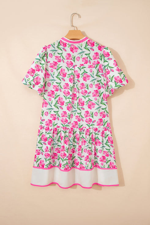 Sweet Floral Print Striped Trim A Line Dress