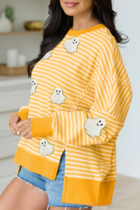 Ghost Patch Stripe Print Round Neck Long Sleeve Tee