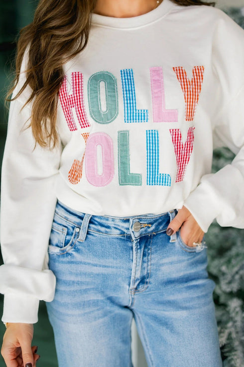Applique Slogan Round Neck Long Sleeve Sweatshirt