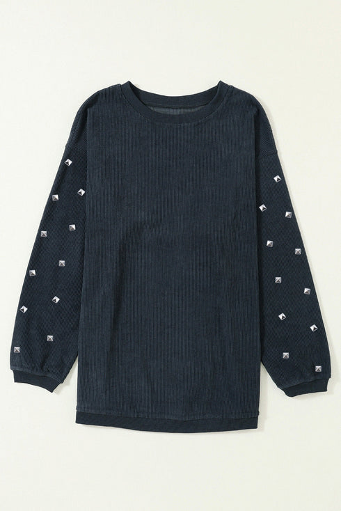 Ribbed Corduroy Studded Sleeve Oversized Pullover Sweatshirt