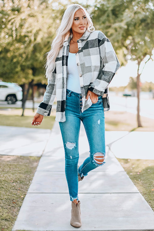 Paneled Pocketed Button Down Long Sleeve Plaid Shacket