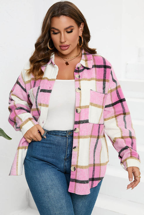 Paneled Pocketed Button Down Long Sleeve Plaid Shacket