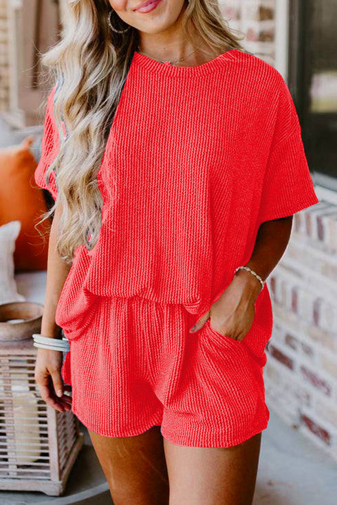 Corded Ribbed Knit Loose Fit Tee And Short Set