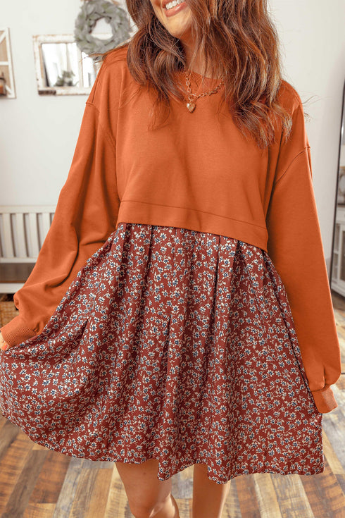 Floral Patchwork Long Sleeve Flared Mini Dress